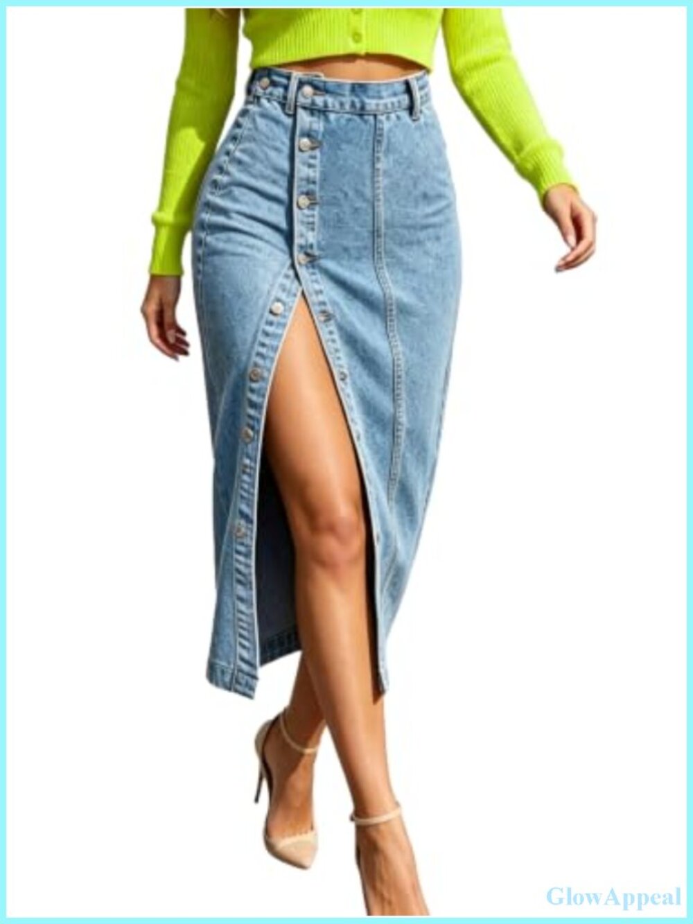 High Waist Button Front Split Denim Midi Pencil Skirt